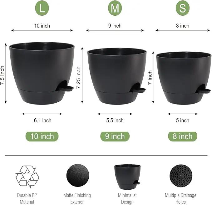 10/9/8 inch Self Watering Pots, Set of 3 Plastic Planters with Mesh Drainage Holes and Deep Reservoir for Indoor Outdoor Garden Plants and Flowers, Black by GreenHaven Gardens
