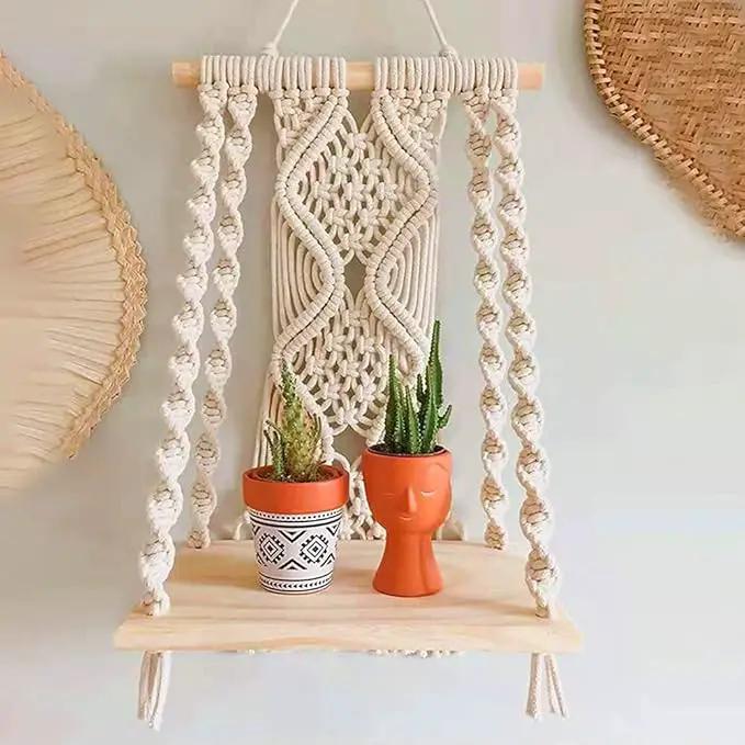 Mong Handmade Macrame Wall Hanging Shelf, Boho Indoor Rope Plant Pot Basket Hanger Holder, Rope Plant Hanger for Wall Decor Indoor Outdoor by GreenHaven Gardens