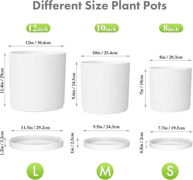 12/10/8 inch Large Plant Pots, 3 Pack Deep Cylinder Flower Pots for Outdoor Indoor Plants, Tall Plastic Planters with Drainage Holes and Saucers for Garden House Plants, White by GreenHaven Gardens
