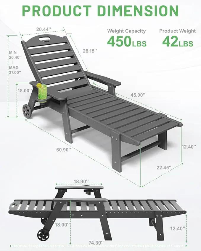 Lounge Chair Outdoor Set of 4 with Wheels, Adjustable 6-Position Chaise Lounge Outdoor, Patio Lounge Chair for Poolside Backyard, Grey by GreenHaven Gardens