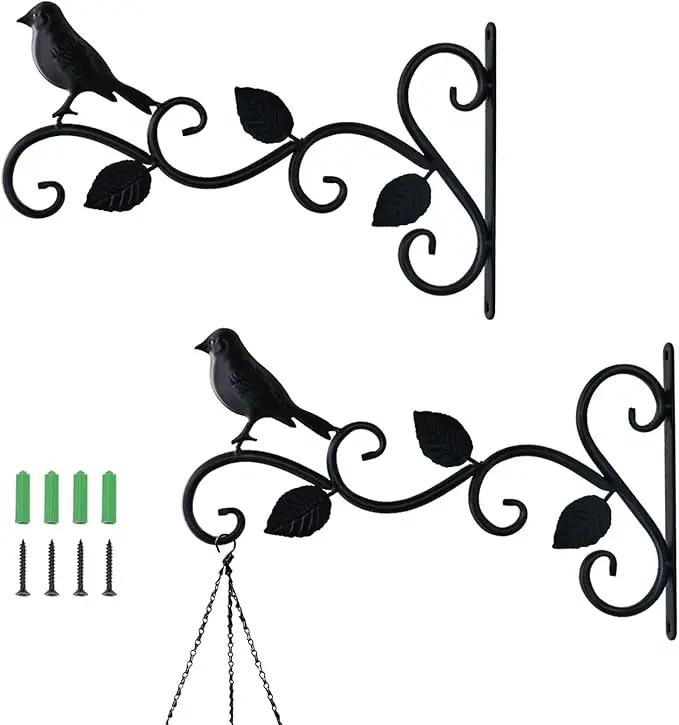 Hanging Plants Bracket 12" Bird Planter Outdoor Hooks Hangers for Flower Baskets Pot Bird Feeder Wind Chimes Lanterns Patio Garden Outdoor Indoor Metal Black, 2 Pack by GreenHaven Gardens