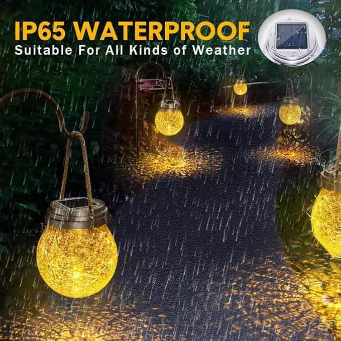 Solar Crackle Glass Hanging Lanterns, 5.5 in Height, IP65 Waterproof, 30 LED Lights, 2-Pack, Warm White by GreenHaven Gardens