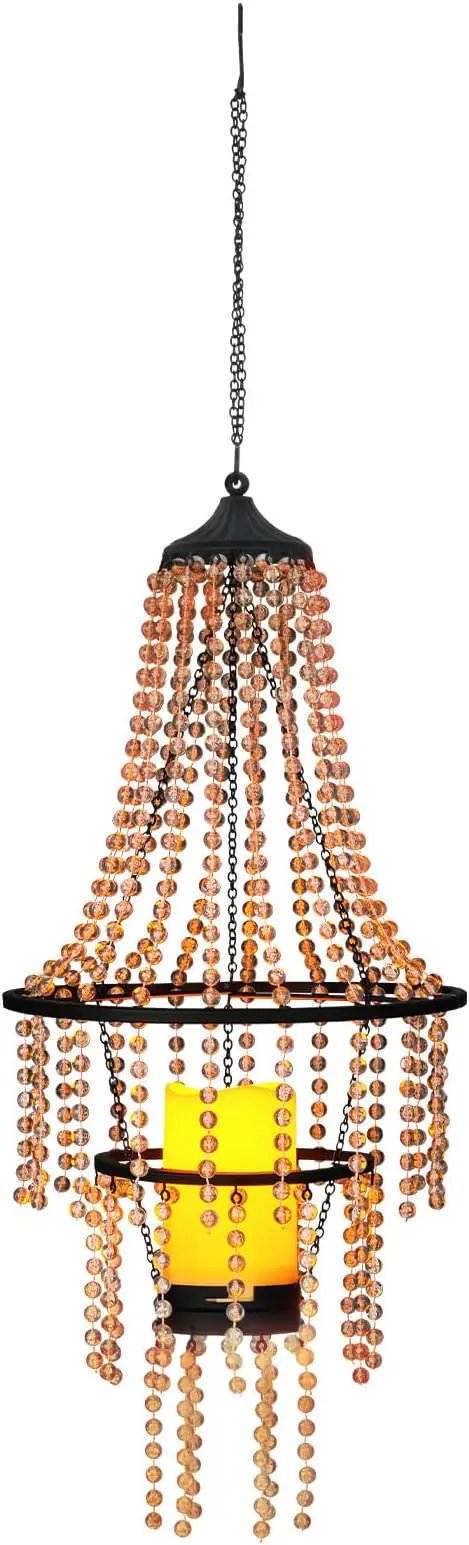 Hanging Candle Chandelier Outdoor, Battery Operated Clear Acrylic Beaded Chandelier with Flickering Led Candle Light S Hooks Modern Lantern for Garden Yard Patio Gazebo Room Indoor Decorations, 28”H by GreenHaven Gardens