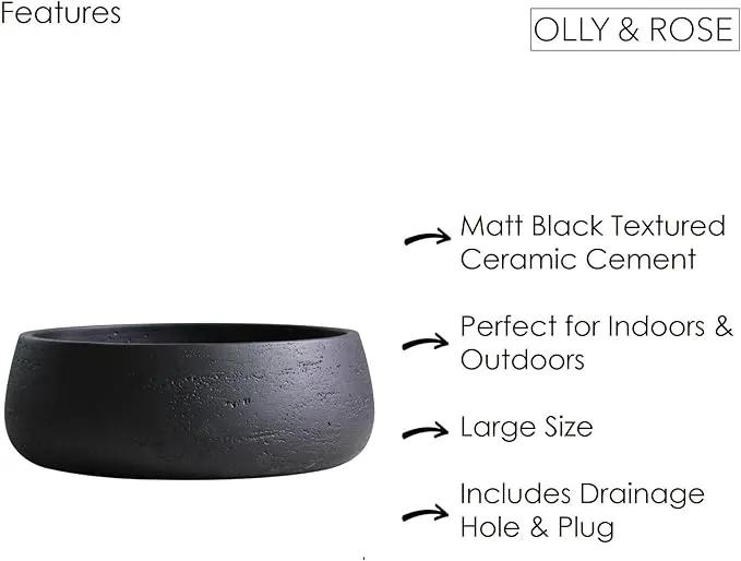 Olly & Rose Copenhagen Large Ceramic Planter Bowl Shallow Plant Pot - Matt Black Flower Pot Indoor and Outdoor Garden Décor… by GreenHaven Gardens