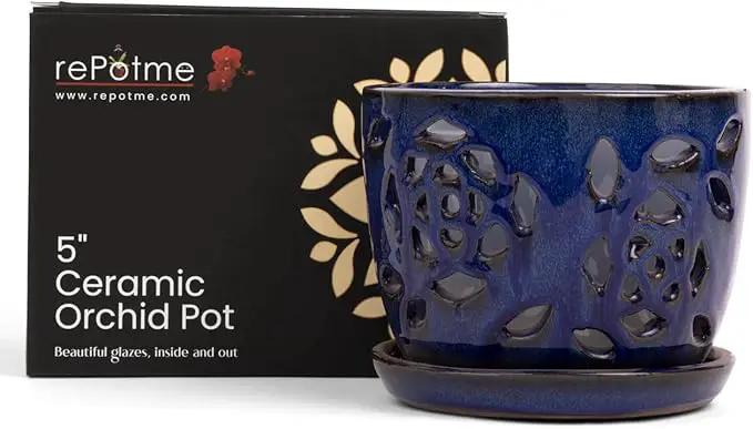 rePotme Orchid Pot - 5 inch Floral Cutout Ceramic Orchid Pot with Holes (Midnight Blue) - Includes Matching 5 inch Slotted Pot Liner by GreenHaven Gardens