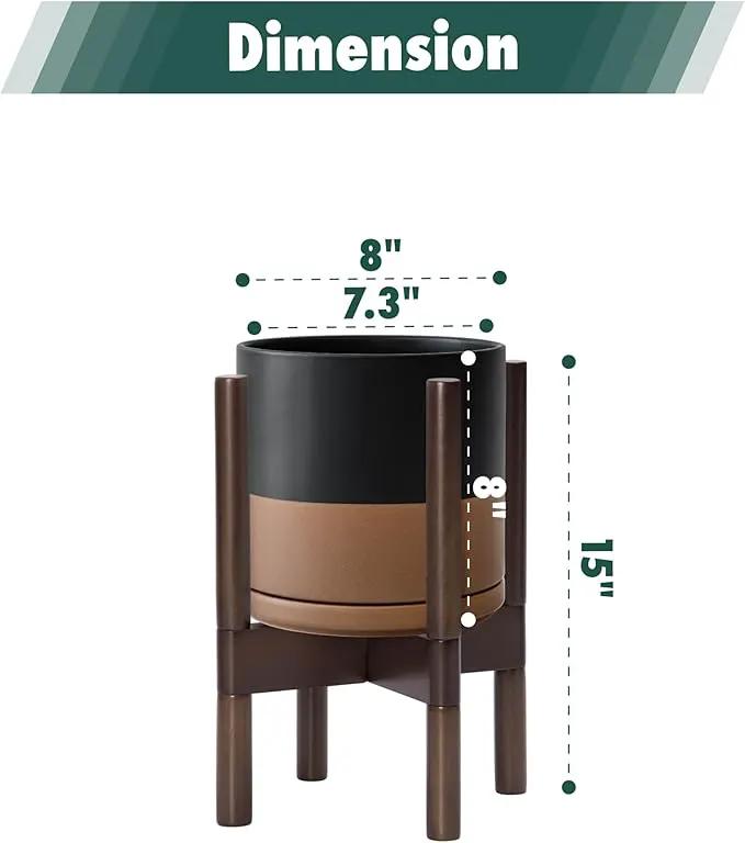 D'vine Dev Ceramic Planter with Walnut Color Stand - 8 Inch Modern Round Flower Pot with Wood Planter Holder, Black/Speckled Tan, 55-B-Y-7 by GreenHaven Gardens