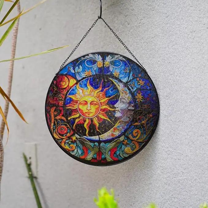 Stained Glass Suncatcher,Sun and Moon Artistic Window Hanging,7.8” Hand-Painted Glass Panel Wall Home Decor,Gift for Women Garden Decor Suncatcher (Sun and Moon), BL009 by GreenHaven Gardens