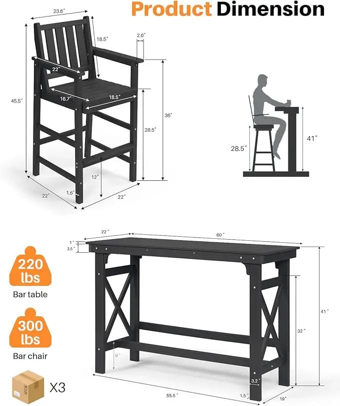 5-Piece HDPE Patio Bar Set, Rectangular Bar Height Table and 4 Adirondack Bar Chairs, All Weather Outdoor Bar Stools Set, Outdoor Bar Table and Chairs Set for Balcony, Pool, Porch, Obsidian by GreenHaven Gardens
