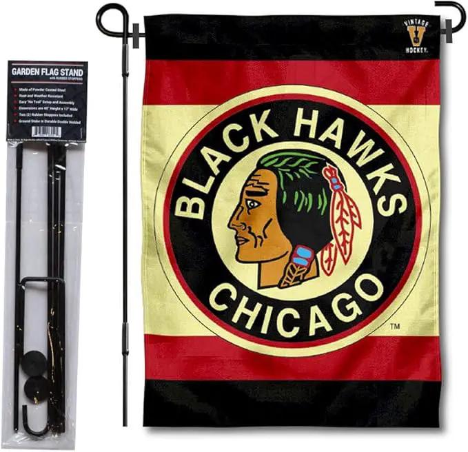 WinCraft Chicago Blackhawks Vintage Retro Garden Flag with Pole Stand Holder by GreenHaven Gardens