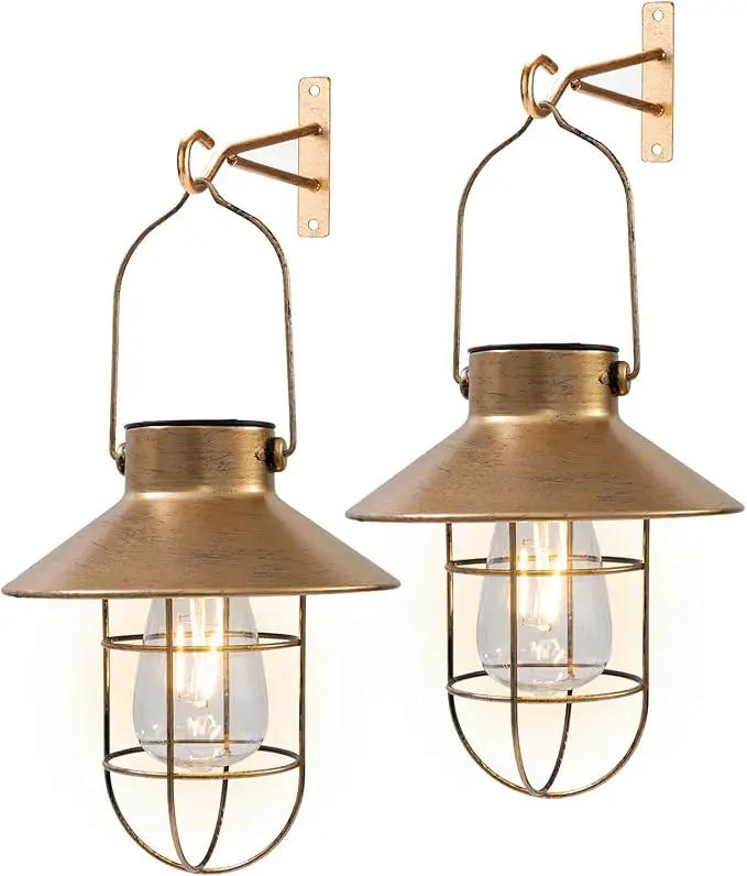 pearlstar Solar Lanterns Outdoor Metal Solar Powered Hanging Lights Waterproof for Barn Wall Yard Garden Patio Garage Balcony Porch Fence Decor, Warm White Edison Bulb (Copper-2pack) by GreenHaven Gardens