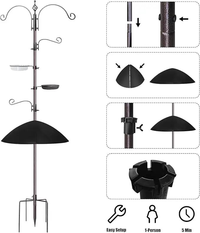 Bird Feeder,91in 4 Hook Bird Feeder Pole with Squirrel Baffle,Bath and Mesh Tray,Steel Multi-Feeder Kit Stand for Attracting Wild Birds, Easy Assembly for Courtyards (Weld, Black 91IN) by GreenHaven Gardens