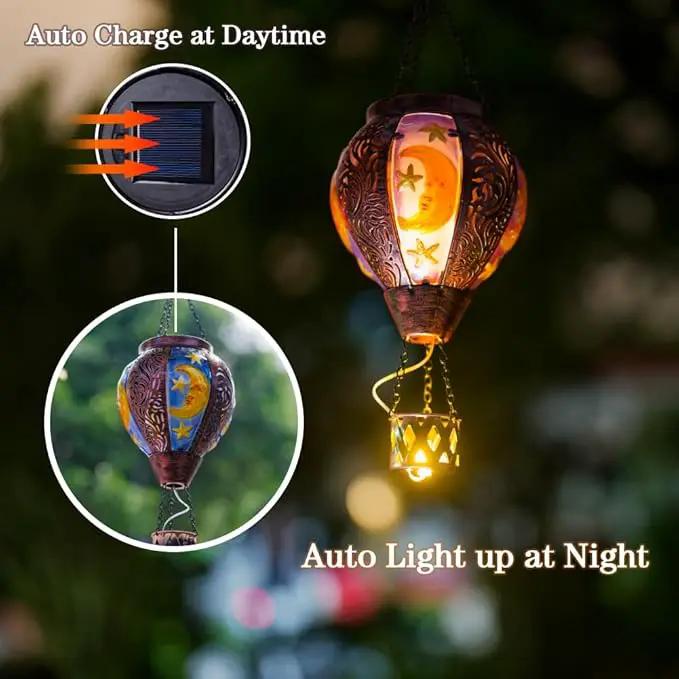 Solar Hot Air Balloon Lantern with Flame Flickering LED Metal Star Moon Hot Air Balloon Solar Lantern Outdoor Waterproof Hanging Outdoor Light for Garden,Yard,Porch Mother Day Gift for Women by GreenHaven Gardens