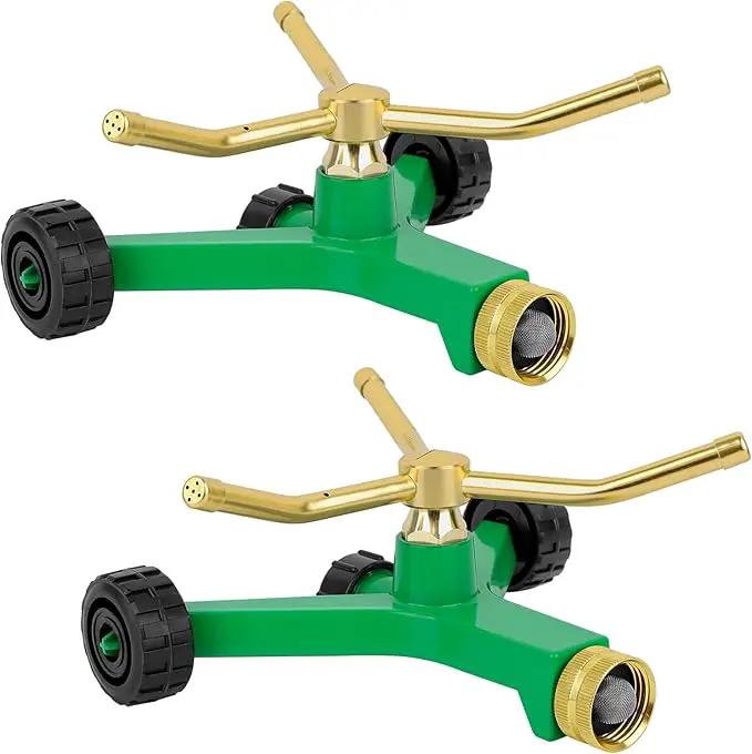 [2 Pack] RESTMO 3-Arm Metal Sprinkler with Wheel Base, 360 Degree Automatic Rotary Lawn Sprinkler System for Garden Plant, Flower Bed and Yard Watering and Large Yard Area Watering by GreenHaven Gardens