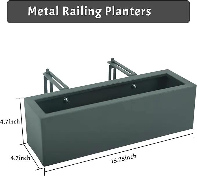 15 INCH Metal Railing Planter Boxes - Hanging Planter for Outdoor Balcony Fence, Durable All-Weather Use with Adjustable Brackets, Modern Décor for Flowers, Succulents, Hanging Plants, Grey by GreenHaven Gardens