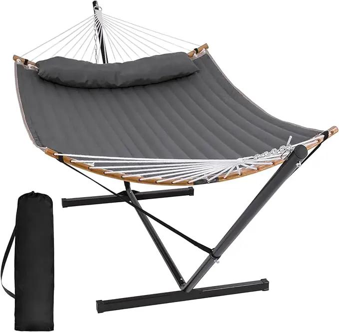 SUNCREAT Double Portable Hammock with Stand, 2 Person Hammock with Curved Spreader Bar, Balance Ropes Included, Dark Gray by GreenHaven Gardens