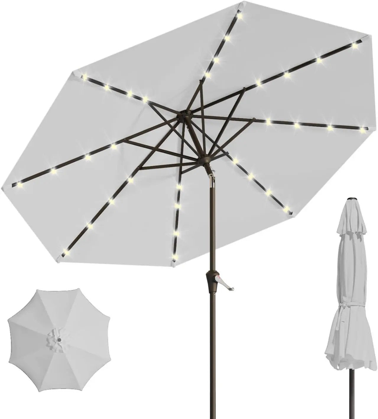 10FT Solar Umbrella 32 LED Lighted Patio Umbrella Table Market Umbrella w/Tilt and Crank, UV-Resistant Outdoor Umbrella for Pool, Garden, Deck, Light Gray by GreenHaven Gardens