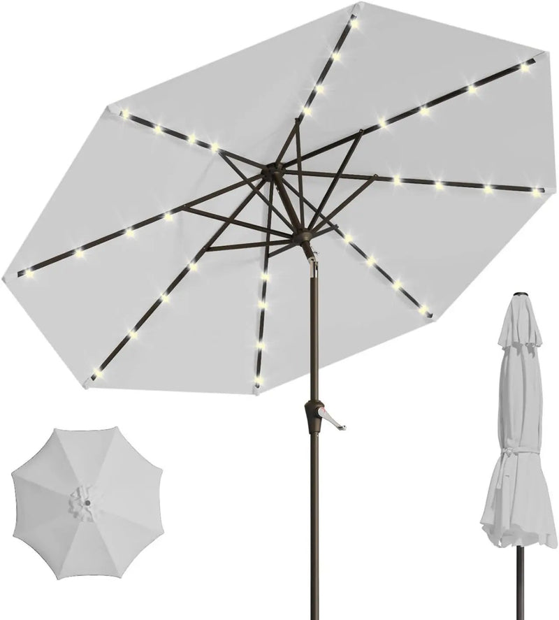 10FT Solar Umbrella 32 LED Lighted Patio Umbrella Table Market Umbrella w/Tilt and Crank, UV-Resistant Outdoor Umbrella for Pool, Garden, Deck, Light Gray by GreenHaven Gardens