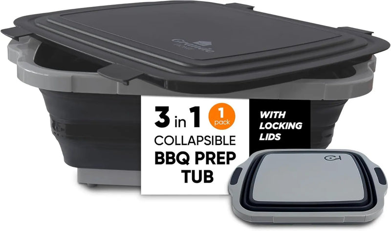BBQ Prep Tub Collapsible X-Large with Cutting Board, Locking Lid – Meal Prep Food Prep Containers with Lids for Resting Meat –3 Adjustable Height - Ideal for Camping, Picnic, Dish Basin by GreenHaven Gardens