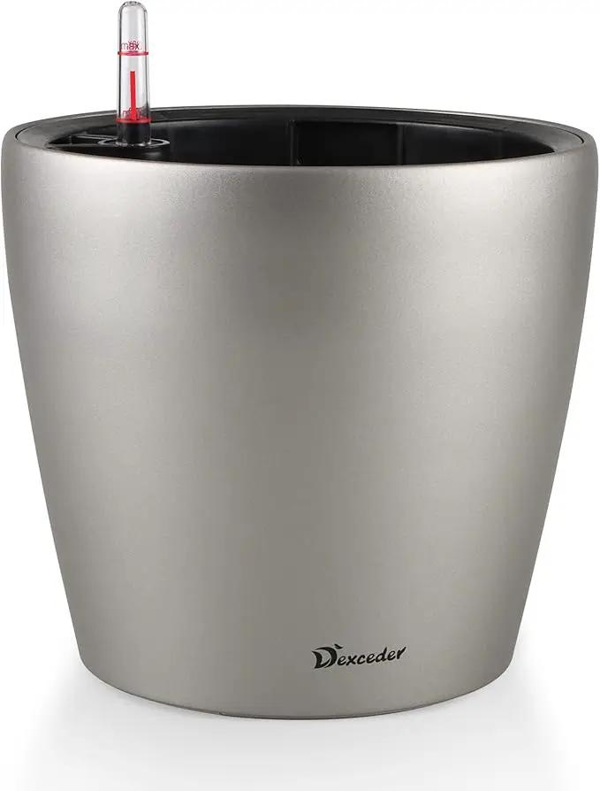 Dexceder 9x8 Inches Self Watering Planter Metallic Matte Indoor Outdoor, Inner Pot Design, Thickened Table Flower Plant Pot with Water Level Indicator (Smoky Gray) by GreenHaven Gardens