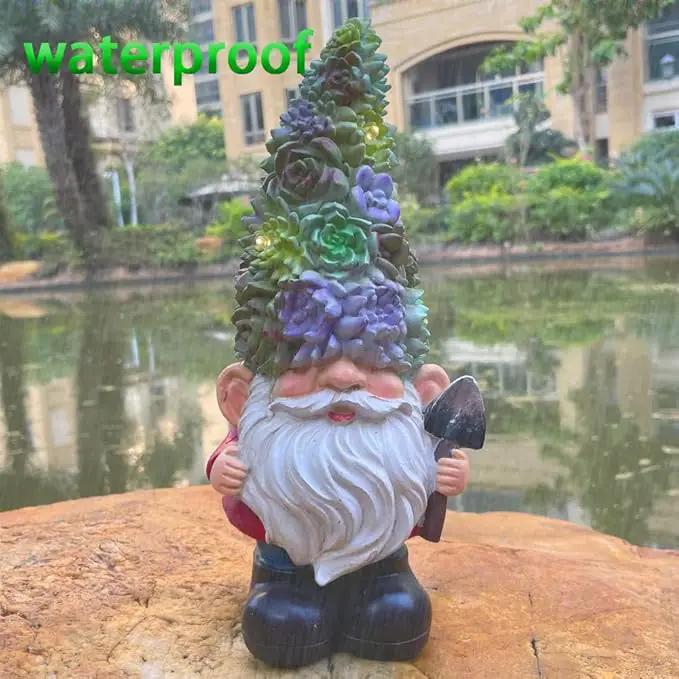 Solar Powered Gnome with Flower Hat and Shovel, Decorated Solar Light, Garden Decorations Statues, Garden Light Decor by GreenHaven Gardens