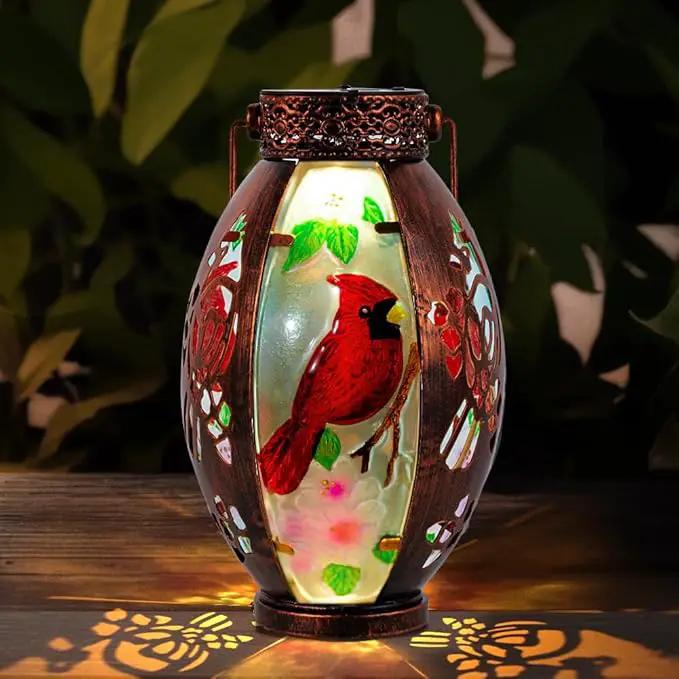 Starsoul Cardinal Outdoor Solar Lantern - Metal & Stained Glass Cardinal Solar Light, Waterproof Tabletop Lamp with Hollowed-Out Design for Yard, Patio, Garden, Pathway by GreenHaven Gardens