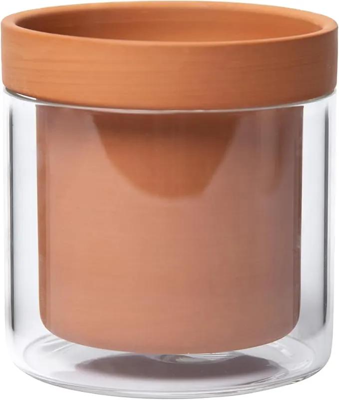 Phoenix Vine 4 Inch Self Watering Planter Pot, Terracotta Clay Pot with Glass Reservoir for Indoor Plants, Herbs, Flowers, Set of 1, 52-A-E-1 by GreenHaven Gardens