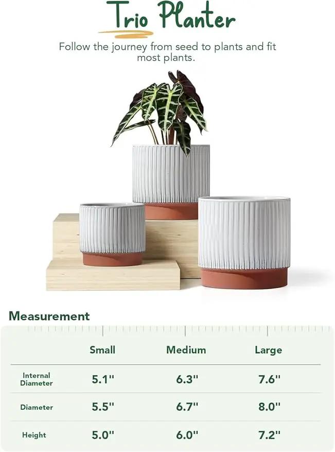 LE TAUCI Ceramic Plant Pots with Drainage Holes, Set of 3, 8+6.7+5.5 Inch Stripe Garden Planter Pots for Outdoor Indoor Plants Flower, Round Succulent Orchid Flower Pot, Reactive Glaze White by GreenHaven Gardens