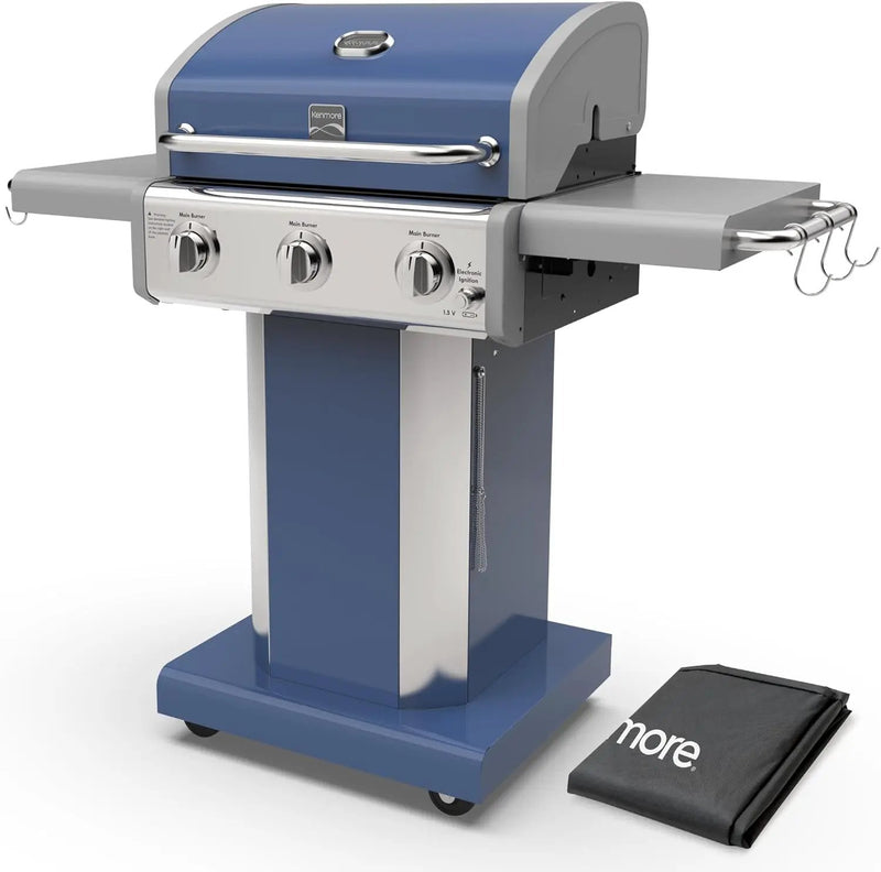 Kenmore 3-Burner Propane BBQ Grill, 30,000 BTUs Gas Grill with Cast Iron Cooking Grates, Folding Side Tables & Wheels, Outdoor Grill with Tool Hooks, Azure Blue + Bonus Cover by GreenHaven Gardens