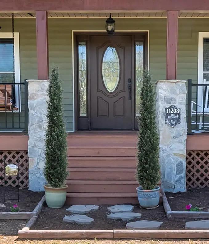 momoplant Artificial Topiary Cedar Tree Outdoor Uv Resistant, 5.5 Ft Faux Cypress Toparies Trees 67 Inch Fake Plant【2 Pack】 with Black Pot by GreenHaven Gardens