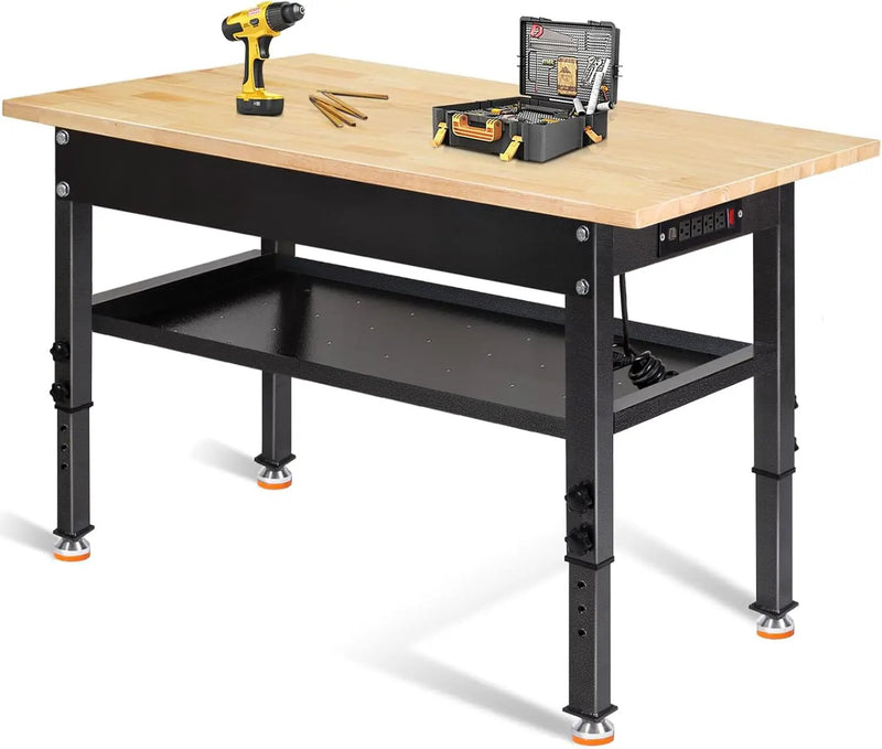 48"/60'' Adjustable Workbench, Rubber Wood Top Work Bench Heavy-Duty Work Table w/Power Outlet, Partition,2000 LBS Load Capacity Work Benches for Garage, Workshop, Home, Office, Easy Assembly by GreenHaven Gardens