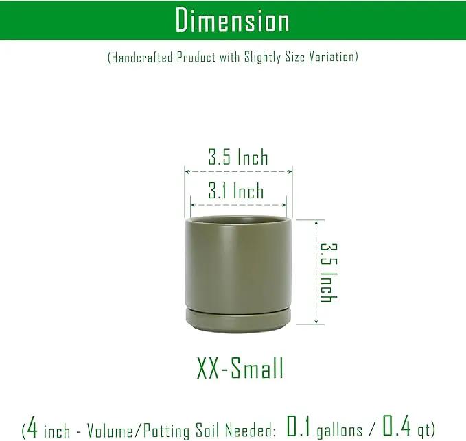 D'vine Dev 3.5 Inch Ceramic Planter Pot with Drainage Hole and Saucer, Indoor Cylinder Round Planter Pot, Olive, 94-O-A-J by GreenHaven Gardens