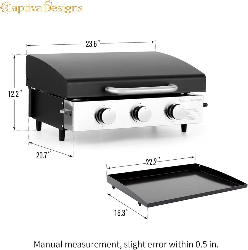 Captiva Designs 22 in Flat Top Grill with Ceramic Coated Cast Iron Pan, Portable Tabletop Propane Gas Griddle Grill for Camping, Outdoor & Tailgating Barbecue, 24,000 BTU Output, 3 Burners by GreenHaven Gardens