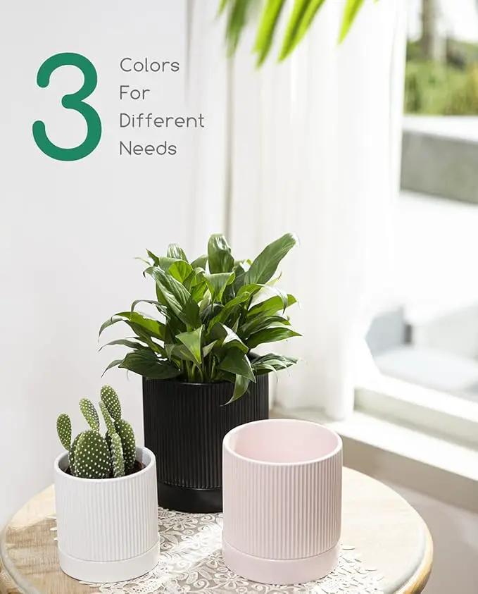 LaDoVita 3 Pack Ceramic Plant Pots 6/5/4 inch, Flowerpot for Indoor Plants with Drainage Holes and Tray, Outdoor Garden Planters, Modern Decorative for Home, White Vertical Stripes by GreenHaven Gardens