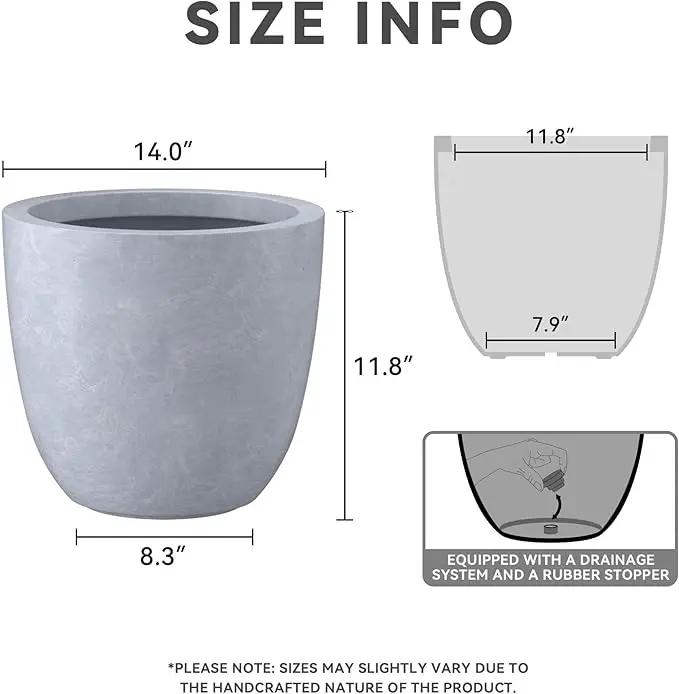 Kante 14 Inch Dia Round Concrete Planter, Indoor Outdoor Large Plant Pot with Drainage Hole and Rubber Plug for Home Patio Garden, Slate Gray by GreenHaven Gardens