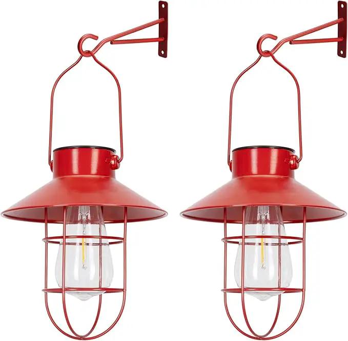 pearlstar Solar Lanterns Outdoor Christmas Metal Solar Powered Hanging Lights Waterproof for Wall Barn Yard Garden Patio Garage Balcony Porch Fence Decor, Warm White Edison Bulb (Red-2pack) by GreenHaven Gardens