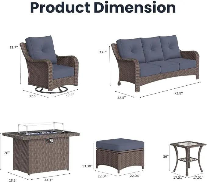 8 Pieces Outdoor Patio Furniture Sets with Rocking Swivel Chairs with 6-inch Thick Cushion and Fire Pit Table for Deck Lawn by GreenHaven Gardens
