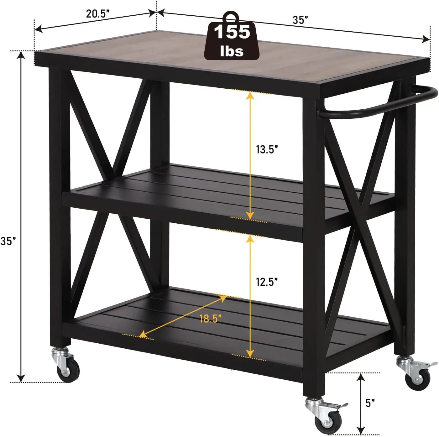 PHI VILLA Outdoor Grill Table, Elegant Grill Cart with Ceramic Wood Grain Table Top, Serving Cart with Shelves, Patio Grilling Backyard BBQ Grill Cart, Black by GreenHaven Gardens