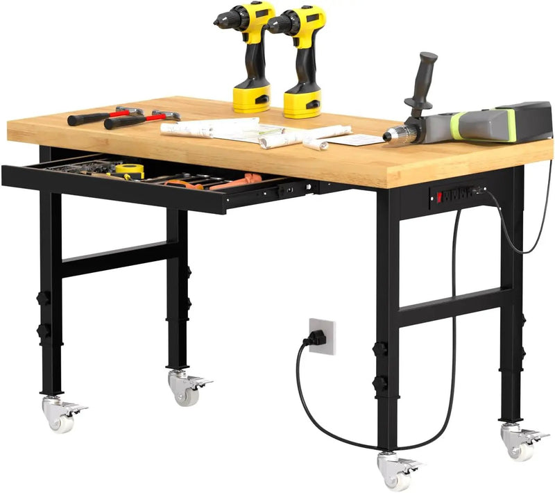 Solid Wood 48" Work Bench with Drawers, Adjustable Height Workbench with Wheels, Heavy-Duty Work Table with Power Outlets, 2000 LBS Capacity Workstation for Garage, Workshop(48" X 24") by GreenHaven Gardens