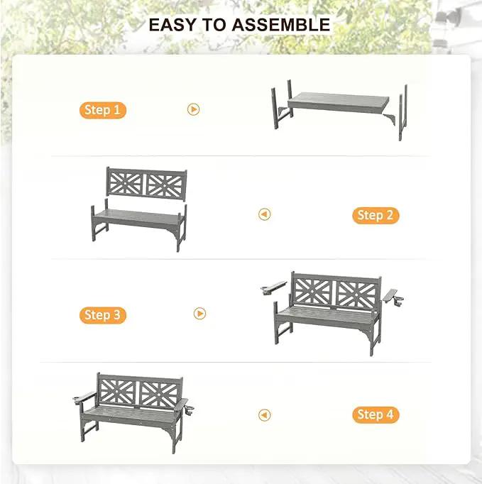 nalone Outdoor Bench with Cup Holders, HDPE All Weather Porch Bench Load up to 800 Lbs, 2-Person Garden Benches Rot-Proof Fade Proof for Patio, Porch, and Park (Grey) by GreenHaven Gardens