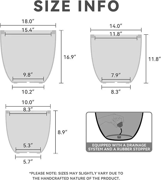 Kante 18",14",10" Dia Concrete Round Planters (Set of 3), Outdoor Indoor Large Planter Pots with Drainage Hole and Rubber Plug for Home Patio Garden, Charcoal by GreenHaven Gardens