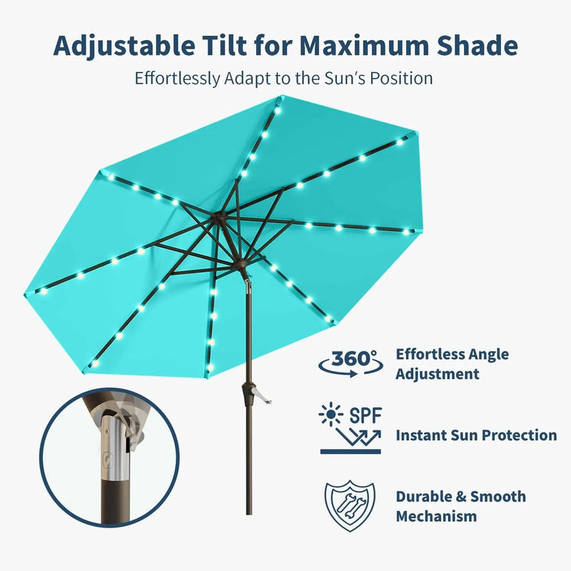 10FT Solar Umbrella 32 LED Lighted Patio Umbrella Table Market Umbrella w/Tilt and Crank, UV-Resistant Outdoor Umbrella for Pool, Garden, Deck, Aqua Blue by GreenHaven Gardens