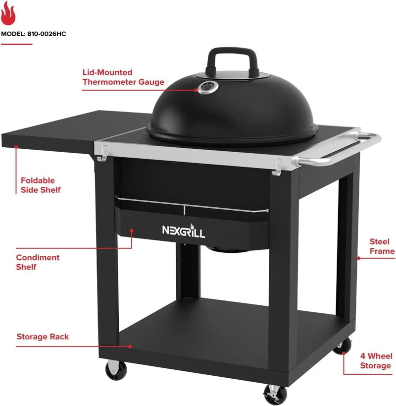 Nexgrill 22" Charcoal Grill with Table Cart and Side Table, 358 SQ In Grate, Adjustable Air Vents, Integrated Temperature Gauge, Mobile Cart Barbecue Grill for Camping, Picnics, and More - 810-0026HC by GreenHaven Gardens