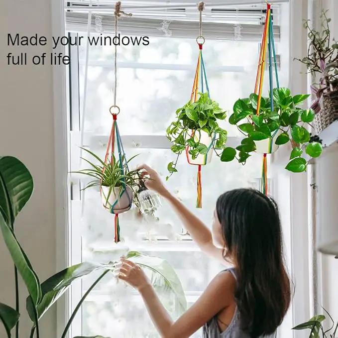 Rainbow Macrame Plant Hangers Indoor Outdoor, 3 Pack Different Size Flower Pot Holder Hanging Plant Holder for Windows Garden Boho Home Decor by GreenHaven Gardens