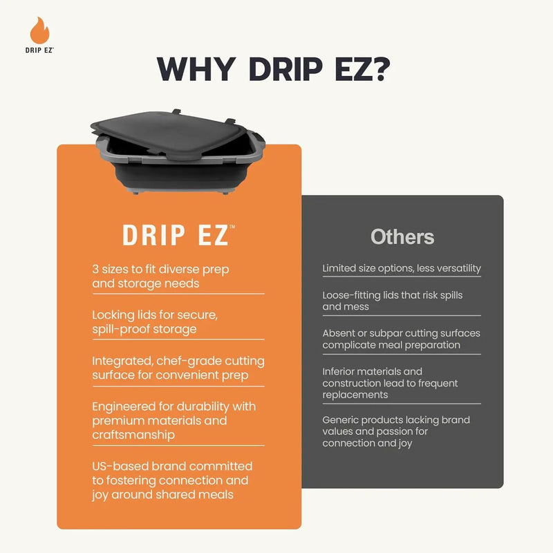 Drip EZ Collapsible BBQ Prep Tubs 3-Piece Set- For Meal Prep Marinating Food Storage - Includes Cutting Board & Lid - (1) JR + (1) OG + (1) XL - Orange by GreenHaven Gardens