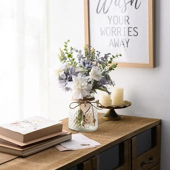 Fake Flowers Artificial Blue Flowers with Vase, Table Centerpieces for Dining Room, Silk Flower Arrangements for Home, Living Room Bathroom Plant Decor, Centerpiece Table Decorations by GreenHaven Gardens