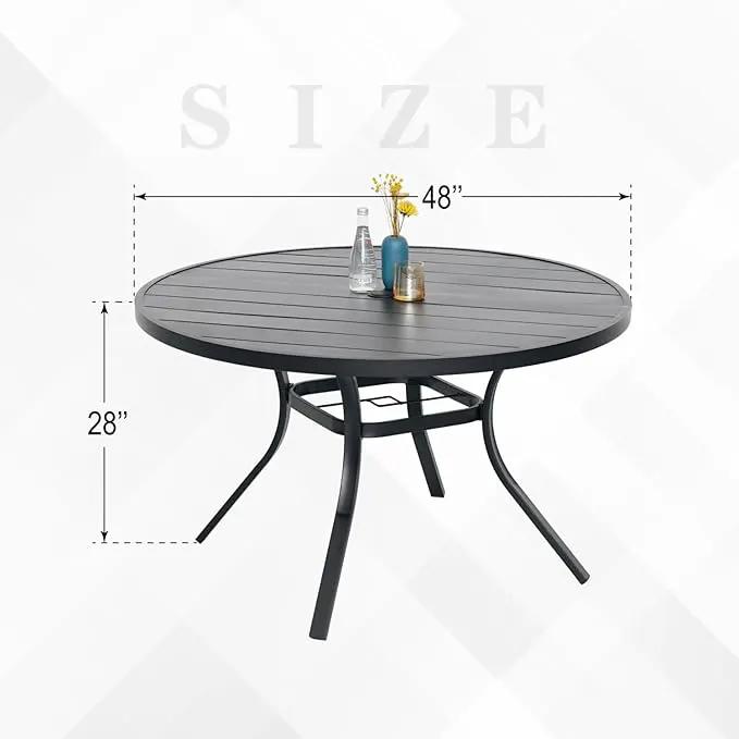 Round Outdoor Dining Table, 48-inch All-Weather Patio Table with Adjustable Umbrella Hole for Deck Lawn Garden Backyard Balcony Deck, Black Metal Frame Slatted Tabletop by GreenHaven Gardens