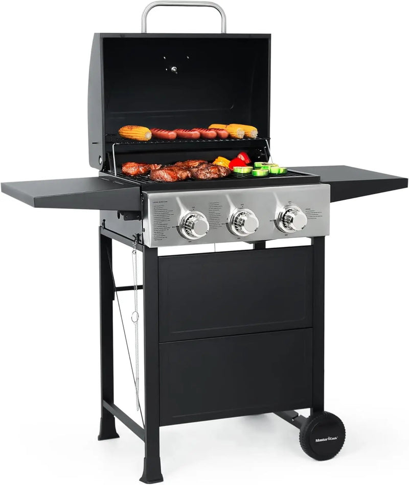 MASTER COOK 3 Burner BBQ Propane Gas Grill, Stainless Steel 30,000 BTU Patio Garden Barbecue Grill with Two Foldable Shelves by GreenHaven Gardens