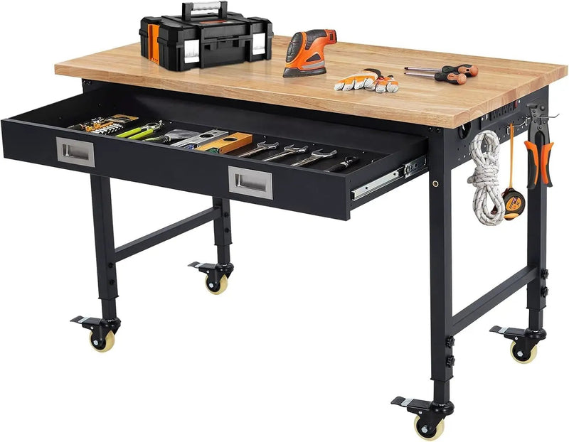 48x24 Inch Garage Workbench with Wheels, Adjustable Rubber Wood Top Garage Workbench with Power Outlet, 2000 Lbs Load Capacity for Workshop, Woodworking, Office by GreenHaven Gardens