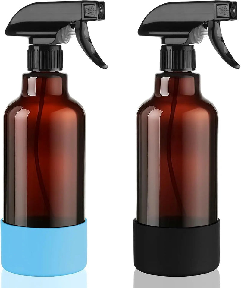 Glass Spray Bottles with Silicone Sleeve 16.9oz 2 Pack Empty Spray Bottle for Hair Mist/Stream Spraying for Cleaning Solutions, Plants, Essential Oils (Brown-sblue&black) by GreenHaven Gardens