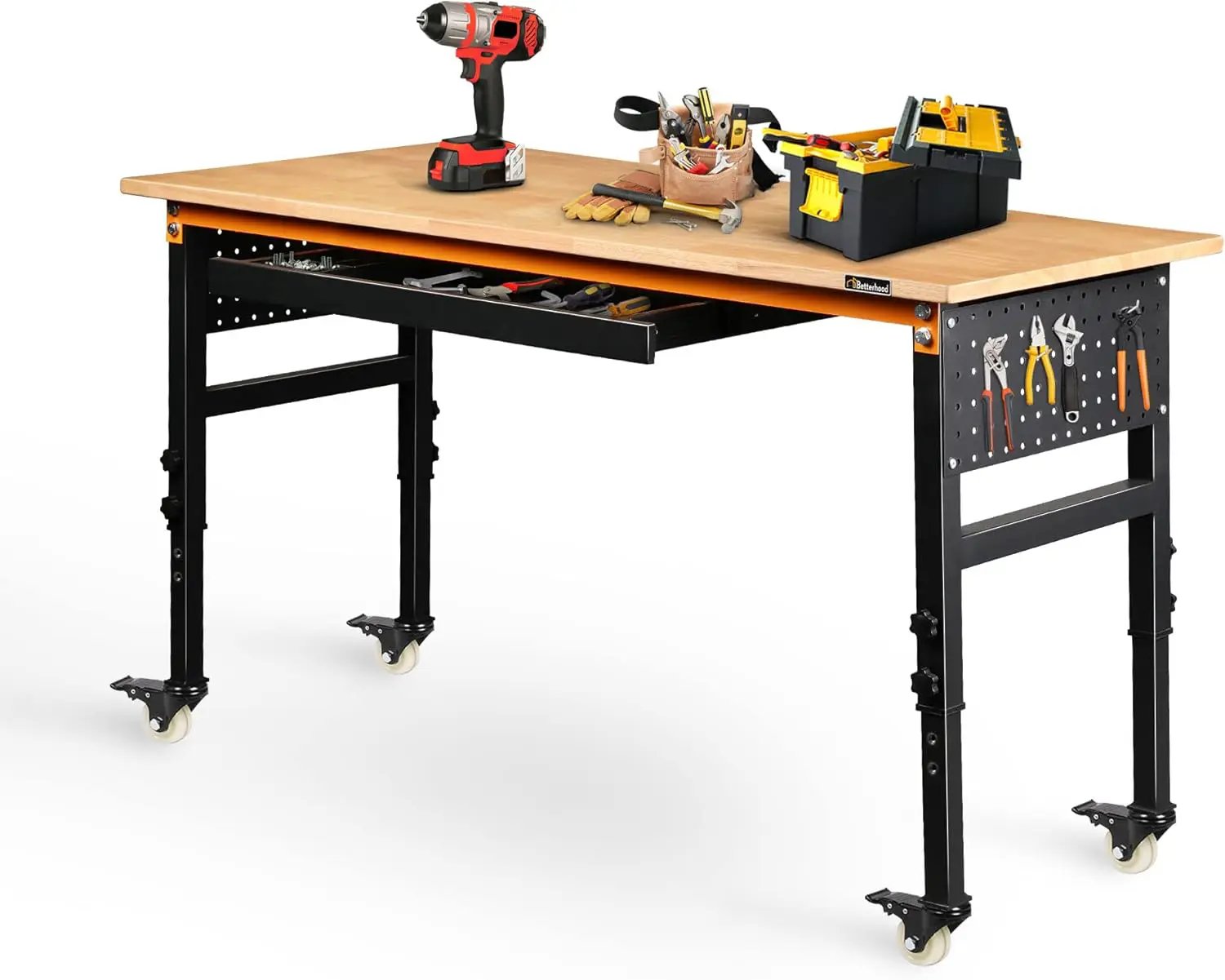 60" Adjustable Workbench for Garage, Rubber Wood Shop Table W/Wheels & Double Pegboards & Drawer, 2000 LBS Load Capacity Hardwood Worktable for Workshop, Garage, Office, Home, Commercial by GreenHaven Gardens